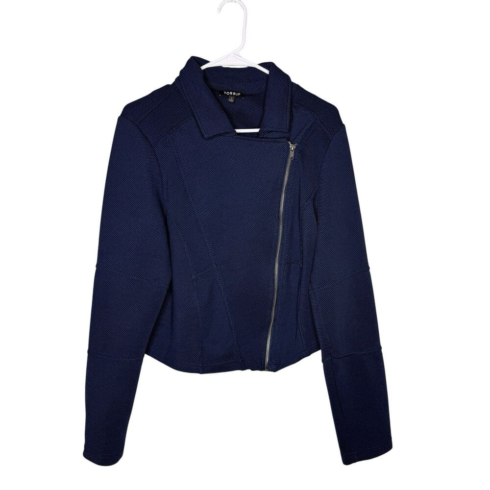 Torrid Jacket Size 1X Textured Knit Moto Biker Navy Blue Cropped Asymmetrical